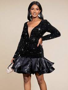 Plunge Neck Contrast Mesh Ruffle Hem Sequin Dress - Black - View 6