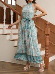 Breezaya Giường đôi In Mô hình hoa Eo Thắt lưng Halter Neck Đầm - Nhiều màu - Xem 1