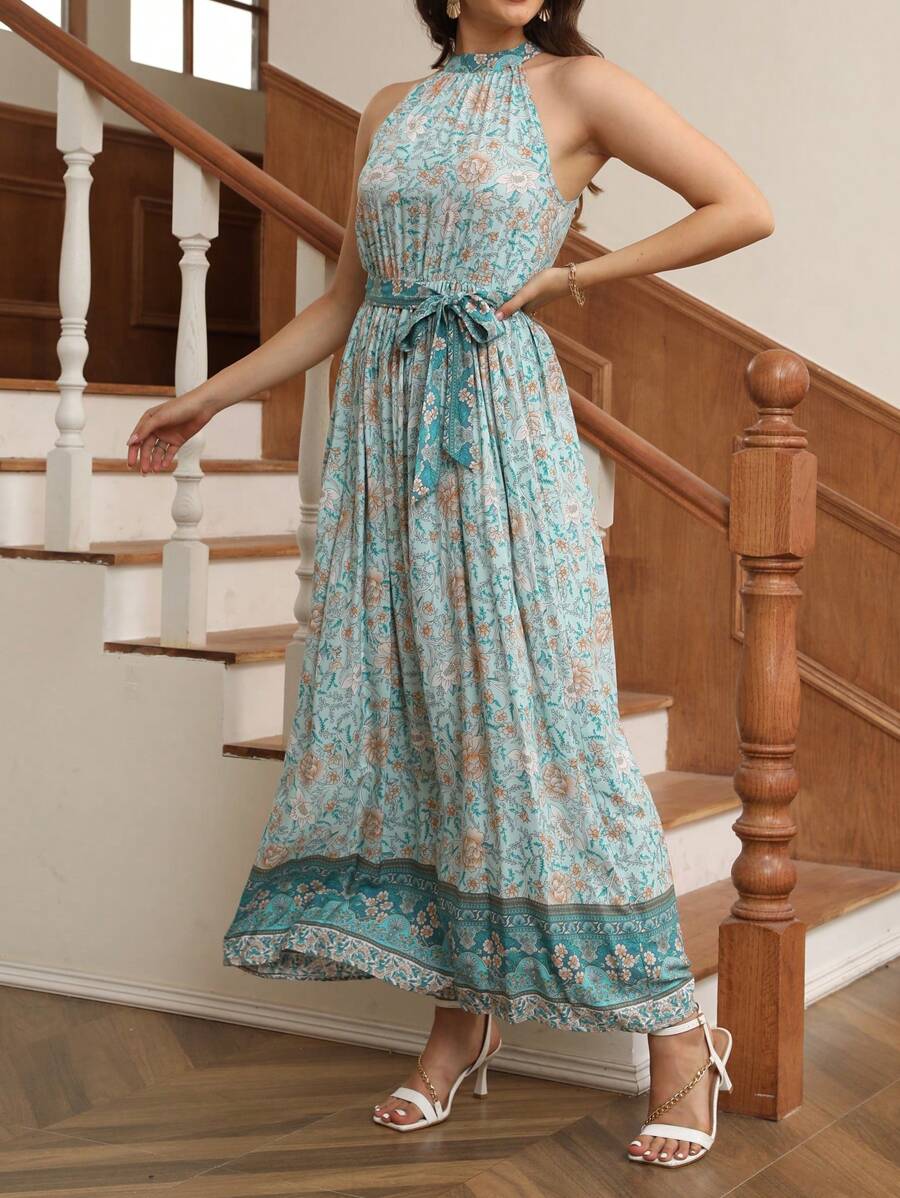 Breezaya Giường đôi In Mô hình hoa Eo Thắt lưng Halter Neck Đầm - Nhiều màu - Xem 1
