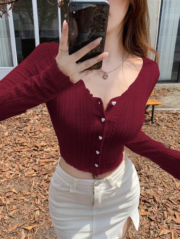 Valentine's Day Heart Print Front Button Cropped Women T-Shirt,Fall Clothes Long Sleeve Women Tops Valentine's Day