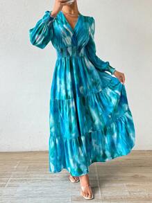 Calvaya Tie-Dye Lantern Sleeve Drawstring High Waist Long Dress Maxi Women Outfit