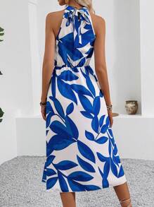 Breezaya 女士v領拼接葉子印花連身裙 - 藍白色 - 查看 2