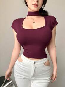 DAZY Top corto ajustado de unicolor con detalle calado para salir, para mujeres - Burdeos - Ver 7