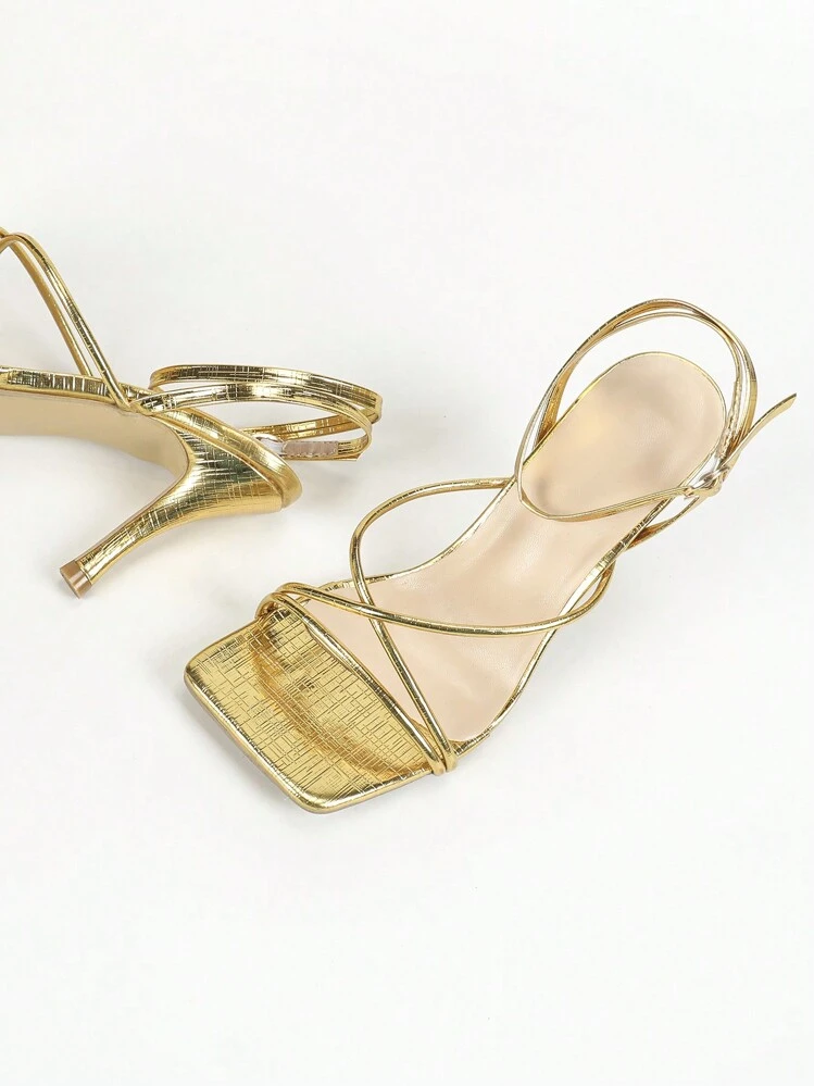 Tacones altos delgados de puntera cuadrada de color dorado para mujer, cómodos y para uso diario, ideales para realzar la elegancia y alargar las piernas, para atuendos de verano - Dorado - Añade 8