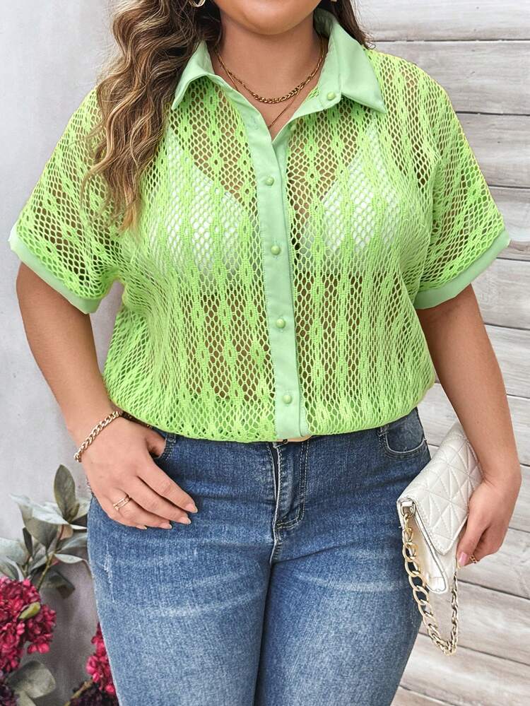 Plus Size Woven Hollow Out Button Front Short Sleeve Shirt