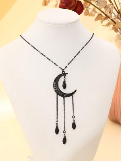 Hippie 1pc Fashionable Simple Moon Shaped Rhinestone Tassel Pendant Necklace