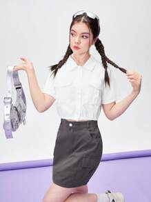 Teen Girls' Casual Comfortable Simple Shirt And Bodycon Work Skirt With Pockets 2pcs/Set - Multicolor - View 4