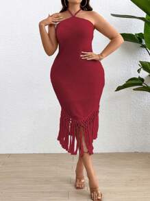 Franclia Plus Size Sleeveless Fringed Solid Color Slim Fit Halter Neck Fashion Dress
