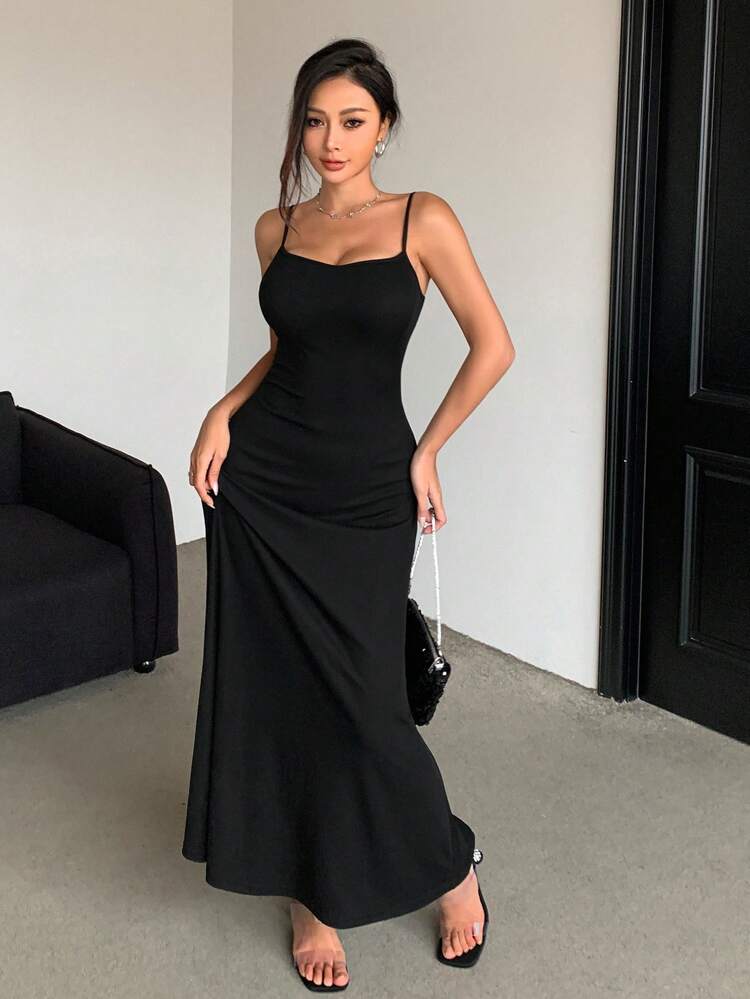 Solid Color Long Slim Fit Sleeveless Spaghetti Strap Dress With Waist Belt For Women Sundress Maxi Dress