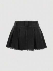 SHEIN MOD Của phụ nữ Màu thuần Frayed Hem Váy Denim - màu đen - Xem 2