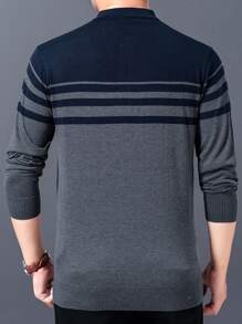 男士春秋對比條紋針織polo衫 - 灰色 - 查看 2