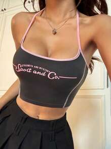 SHEIN Unity Color Block Letter Print Cropped Halter Top - Grey - View 3