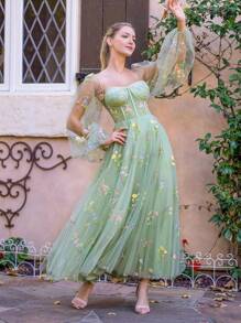 Romantic Vintage Green Prom Dress With Princess Lantern Sleeves, Bustier Party Dress Wedding Guest Cocktail Dress - Màu xanh Ô liu - Xem 3