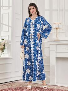 Al Najma Color Blocking Floral Print V-Neck Loose Fit Dress - Blue - View 4
