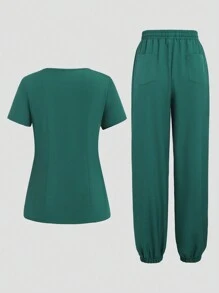 SHEIN Unity 女性v領短袖多口袋上衣和褲子套裝