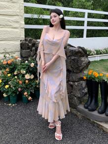 DAZY Women's Spaghetti Strap Sleeveless Ruffle Hem Chiffon Dress Sundress - Purple - View 7