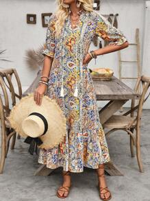 Louniche 印花paisley短袖連衣裙,前打結設計和荷葉邊 - 彩色 - 查看 3