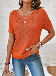 SHEIN LUNE 女款鏤空短插肩袖針織上衣 - 橘色 - 查看 6