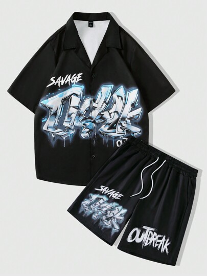 Street Life Herren Kurzarm-Hemd mit Buchstaben-Muster und kurze Hose Zweiteiler für Frühling und Sommer
