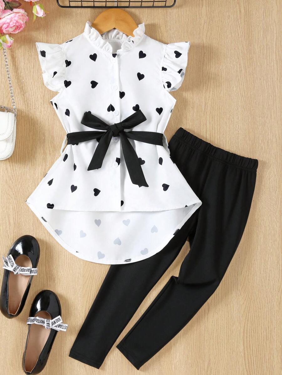 SHEIN Young Girls' Heart Printed Sleeveless Top & Pants Set With Bowknot Belt And Ruffle Hem For Summer - White - View 1