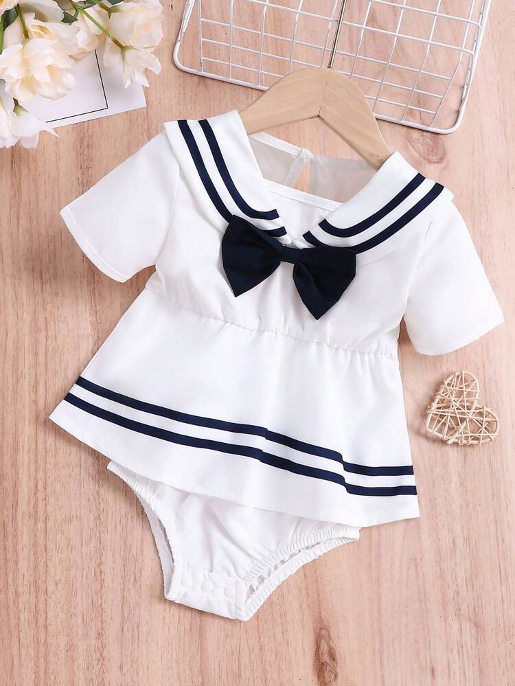 Baby Girl Cute Bow Striped Short Sleeve Bodysuit For Summer