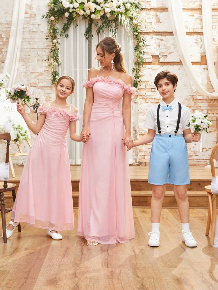 2pcs/Set Tween Boy Elegant Shirt With Bow Tie And Suspenders Shorts Gentlemen Outfit