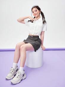 Teen Girls' Casual Comfortable Simple Shirt And Bodycon Work Skirt With Pockets 2pcs/Set - Multicolor - View 3