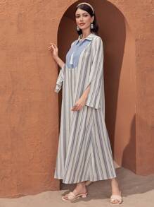 Al Najma 拼接條紋流蘇邊分叉袖連衣裙 - 藍色 - 查看 5