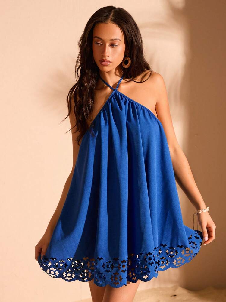 Halter Neck Loose Fit A-Line Burnt-Out Hollow Design Vacation Style Blue Dress For Women