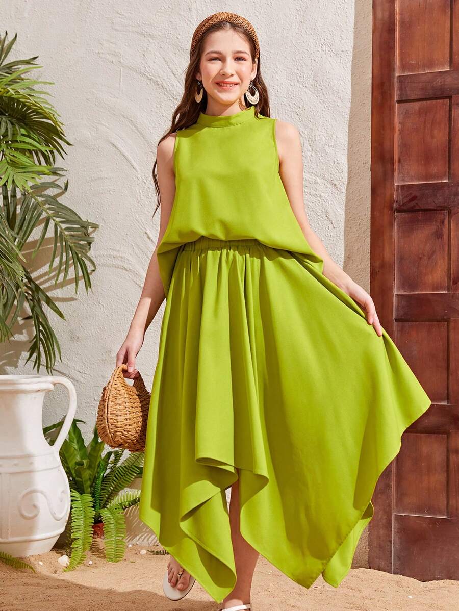 SHEIN 少女固體色調高領無袖上衣與hanky Hem裙 - 綠色 - 查看 1