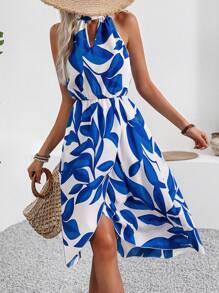 Breezaya 女士v領拼接葉子印花連身裙 - 藍白色 - 查看 4