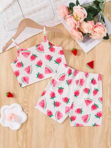 SHEIN Conjunto de 2 piezas de moda hogareña para niña joven con top de tanque retardante de llamas con diseño de sandía y shorts - Rosa - Ver 2