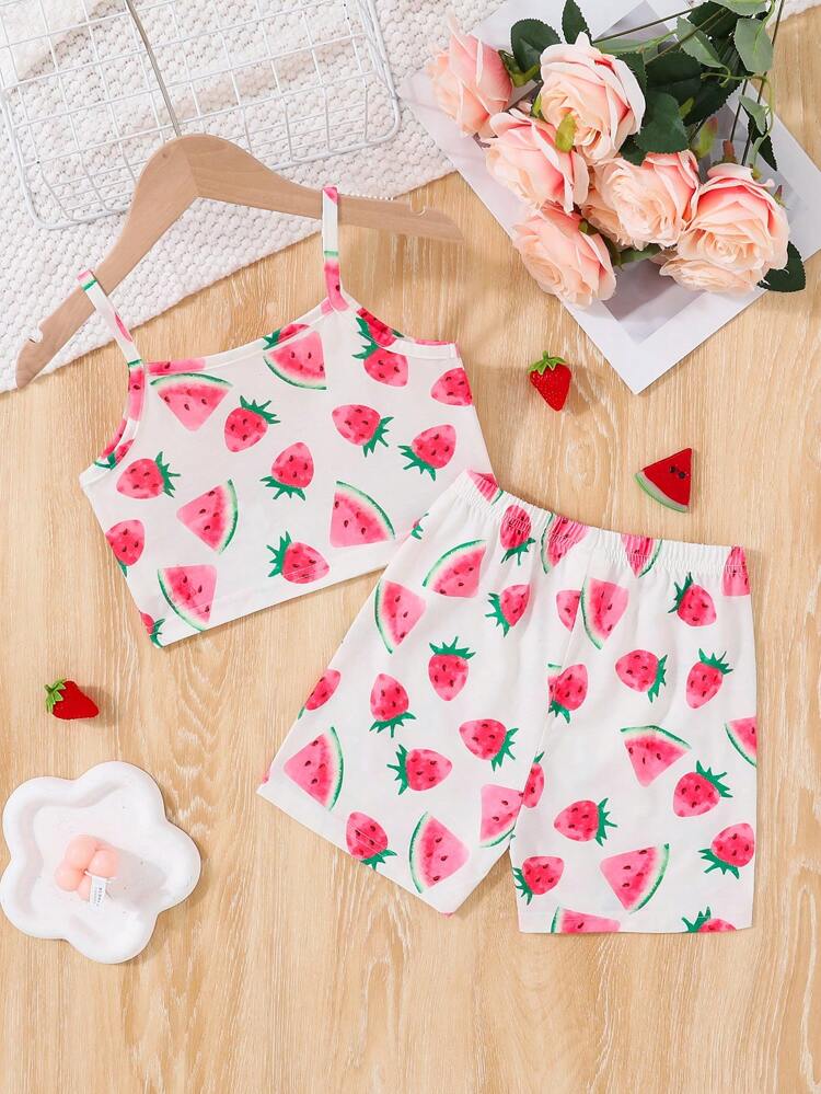 Young Girl Watermelon Print Flame Retardant Tank Top With Shorts 2 Pieces Homewear Set