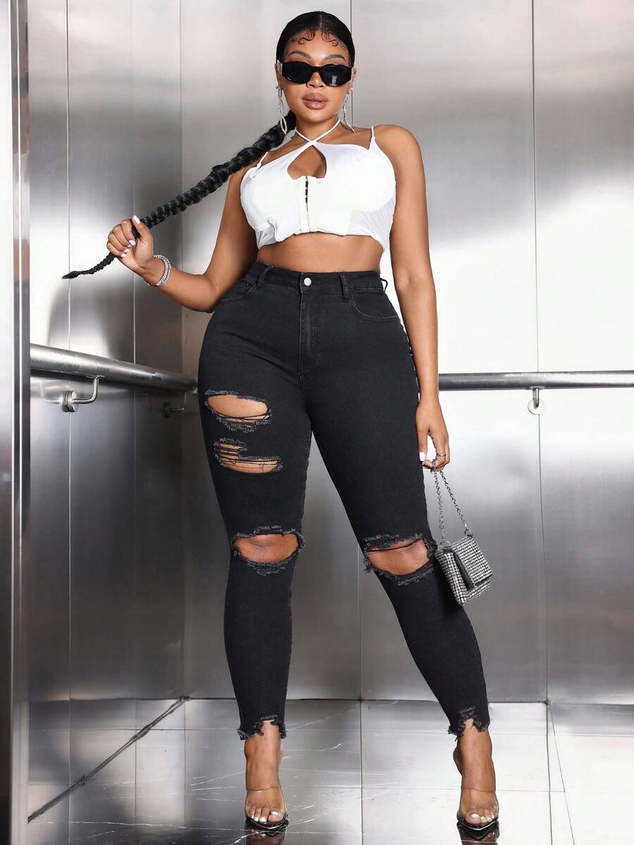 SHEIN SXY Kích thước lớn Đen Đau khổ Thon gọn Quần jean - màu đen - Xem 1