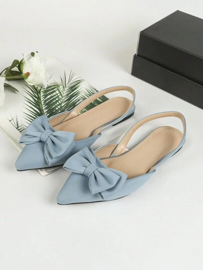 Giày bệt nữ màu xanh dương có nơ, thích hợp cho trang phục thường ngày và dã ngoại, dịp Lễ Tình nhân, mùa xuân hè.