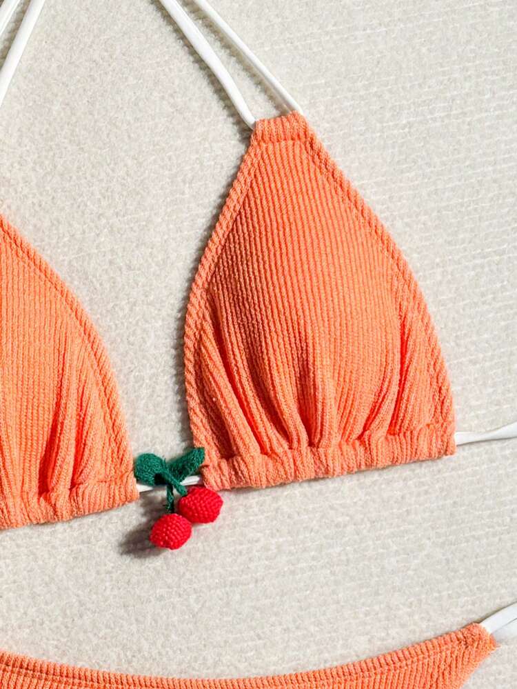 Solid Color Textured Halter Neck Bikini Set Summer