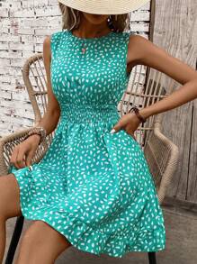 Breezaya Sleeveless Vest-Style Women's Dress - Waist-Cinched Shirring Design, Stone Flower Printed Fabric Slimming Midi Dress; Solid Color Spaghetti Strap Halter Neck Women's Dress