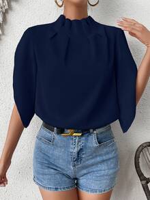 SHEIN Clasi Áo sơ mi cổ đứng màu trơn có tay áo cánh hoa và xếp ly - Màu xanh hải quân - Xem 4