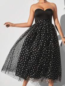 SHEIN Belle 優雅無肩帶心形拼接透明網格a字裙女士雞尾酒派對連衣裙 - 黑色 - 查看 7