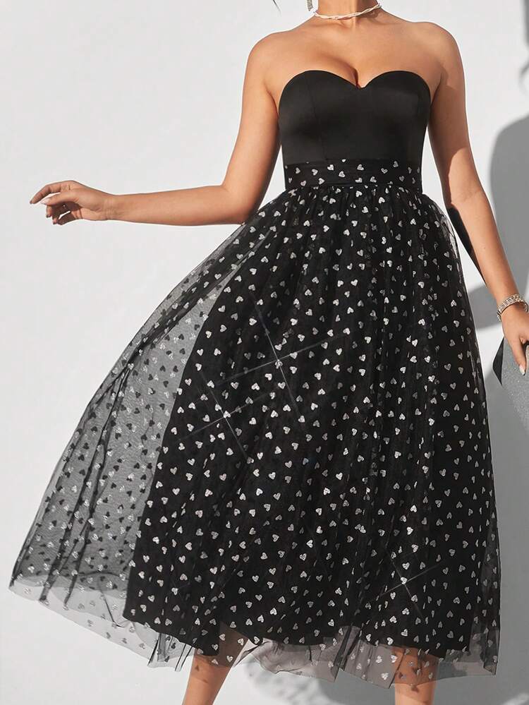 Elegant Strapless Heart Patchwork Sheer Mesh High-Waisted A Pose Music Event Resurrection Holiday Vacation PROM Date Party Cocktail Dress