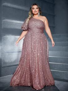 Plus Size Women's Elegant Brown One Shoulder Evening Dress - Brown - View 4