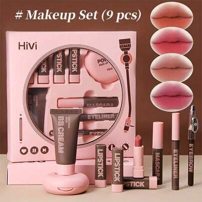 HangFang Christmas Makeup Kit For Women Full Kit,Long-Wearing Makeup Product Set, 9Pcs Lipstick &Pressed Powder & BB Cream & Eyebrow Pen & Mascara & Eyeliner Kit Waterproof Long ALasting Cosmetic Kit Christmas Gift Set For Women, Girls