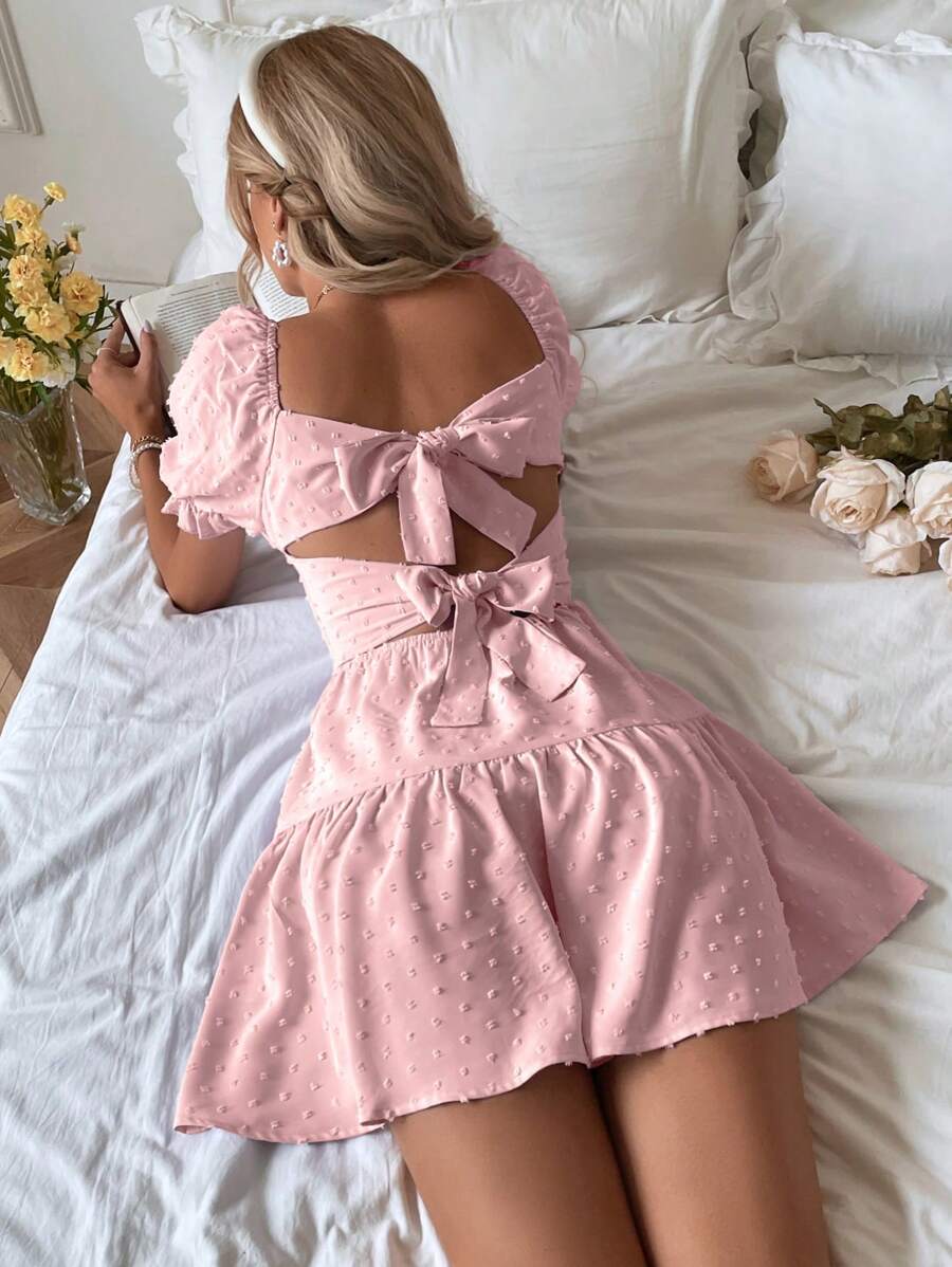 Breezaya 女士簡短蓬松袖紋理提花後綁裝飾連衣裙 - 粉色 - 查看 1