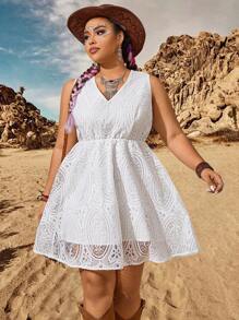 SHEIN Unity Plus Size Hollow Out Embroidered Solid Color Dress - White - View 6