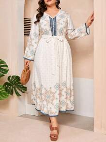 Mulvari 加大尺碼印花v領束腰連衣裙 - 彩色 - 查看 4