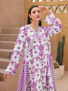 Al Najma Robe arabe à manches longues avec imprimé floral pour femmes