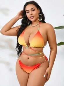 SHEIN Swim Curve Summer Beach Plus Size Gradient Halter Triangle Bra & Bikini Bottom Set