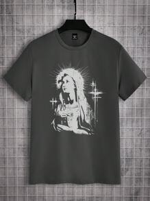 Manfinity LEGND Men's Deep Grey Virgin Mary Print Slim Fit Short Sleeve T-Shirt - Grey - View 2