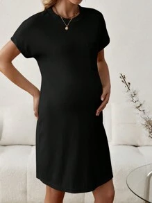 SHEIN Thai sản Vòng cổ Chất rắn Lỏng lẻo Đơn giản Đầm - màu đen - Xem 4