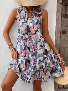 SHEIN LUNE Đầm không tay in hoa, viền bèo nhún, có dây buộc eo dành cho nữ, thích hợp cho kỳ nghỉ biển. - Nhiều màu - Xem 5